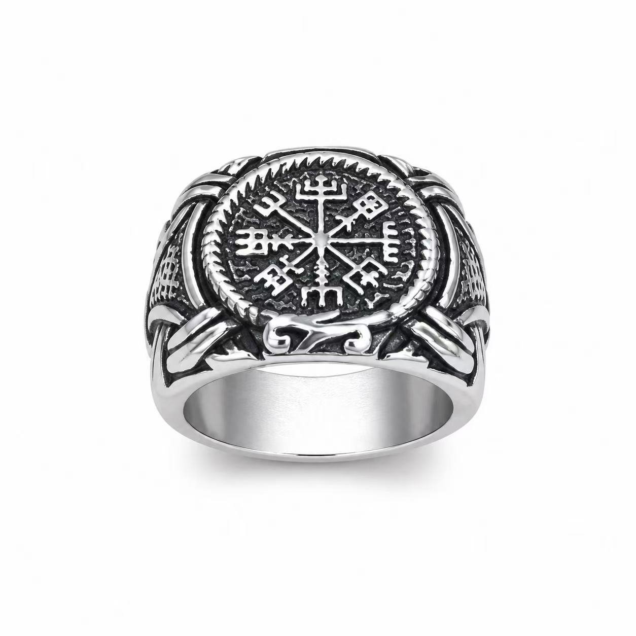 Anel de sinete com Vegvísir bússola viking em aço inoxidável para atacado – imagem do produto