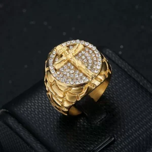 Hip Hop Titanium Steel Ring Men Gold Plated Crystal Cross Design JZ051