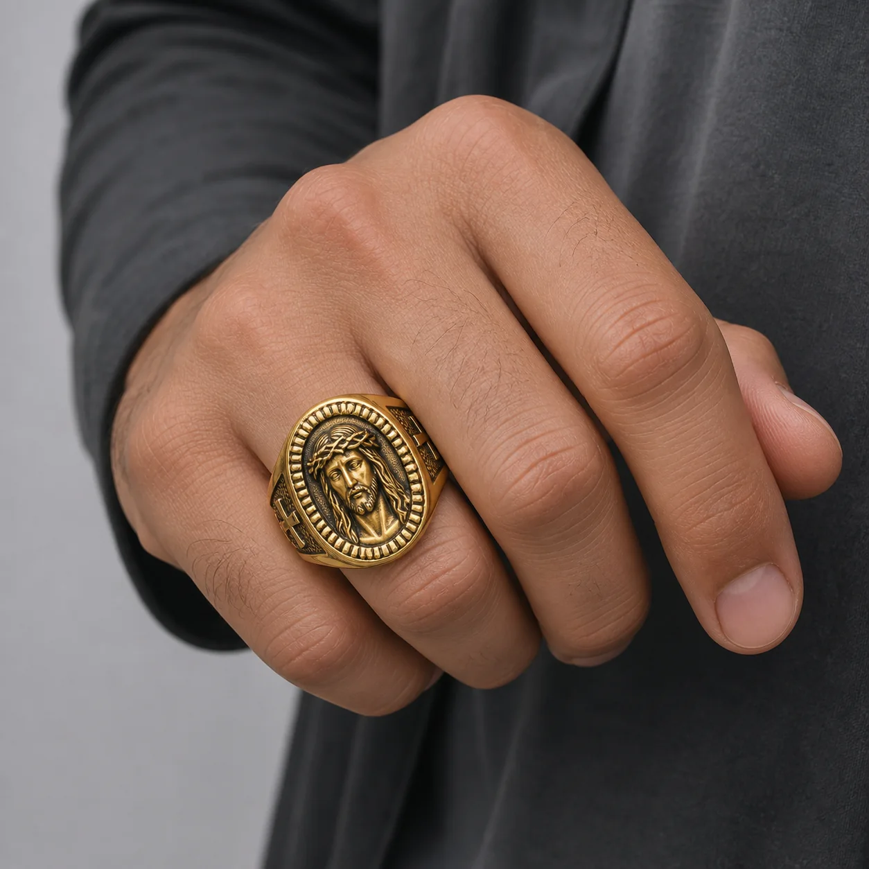 316L stainless steel religious ring model wearing view