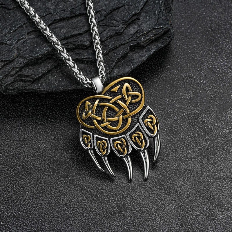 Colar masculino com pingente dupla face de pata de urso viking em aço inoxidável 316 para atacado – imagem do produto