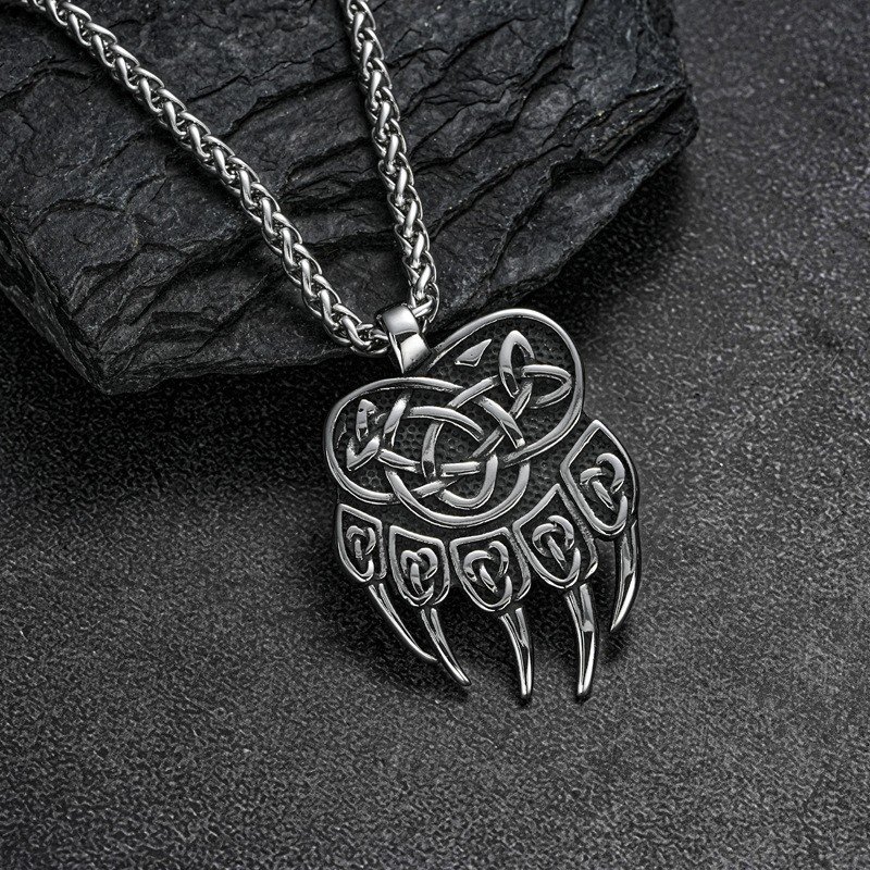 Colar masculino com pingente dupla face de pata de urso viking em aço inoxidável 316 para atacado – imagem do produto
