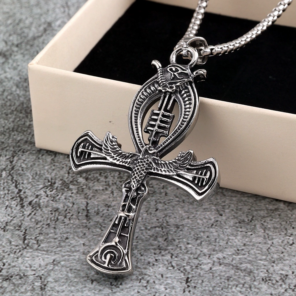 Vintage Egyptian Double-Sided Ankh Cross Pendant Titanium Steel Necklace for Men Wholesale product view 2