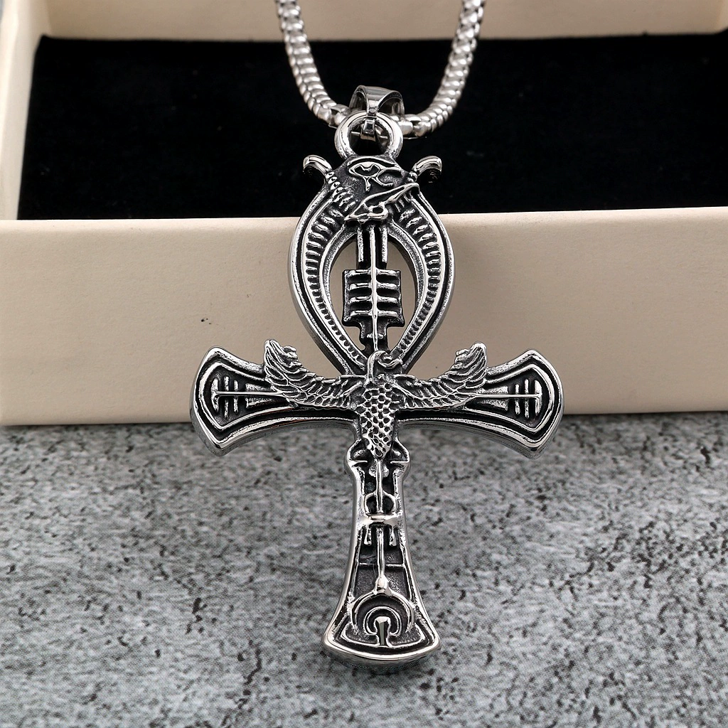 Vintage Egyptian Double-Sided Ankh Cross Pendant Titanium Steel Necklace for Men Wholesale product view 3
