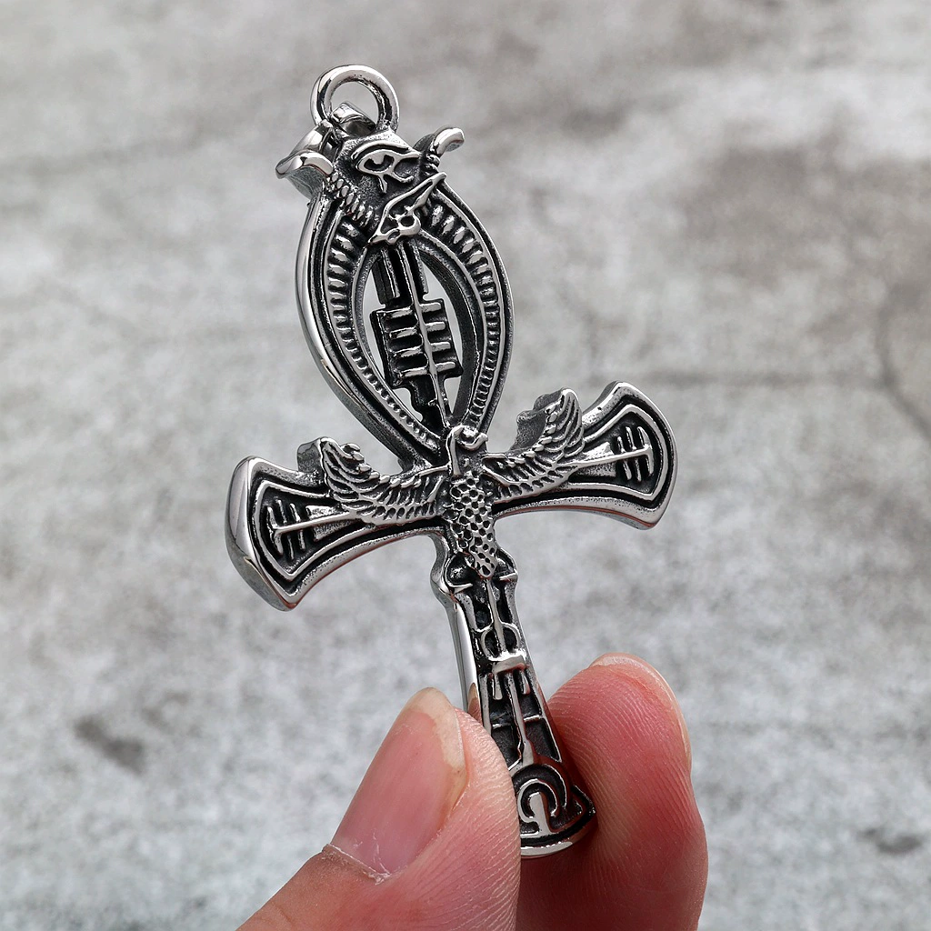 Vintage Egyptian Double-Sided Ankh Cross Pendant Titanium Steel Necklace for Men Wholesale product view 4