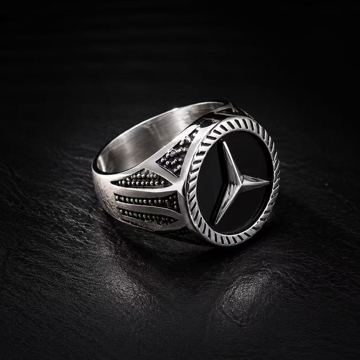 triple prong emblem stainless steel signet ring wholesale dark lifestyle product view