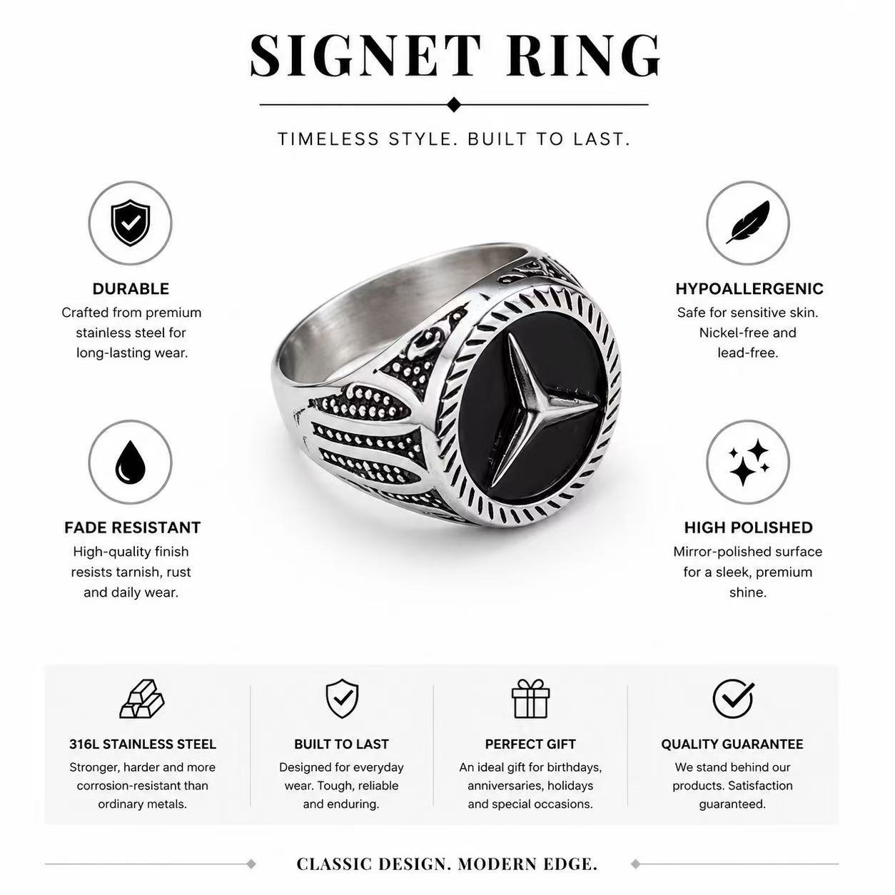 triple prong emblem stainless steel signet ring wholesale feature card product image