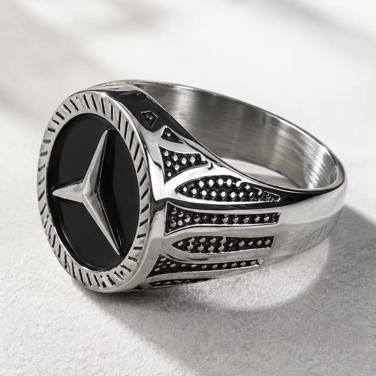 triple prong emblem stainless steel signet ring wholesale side product view