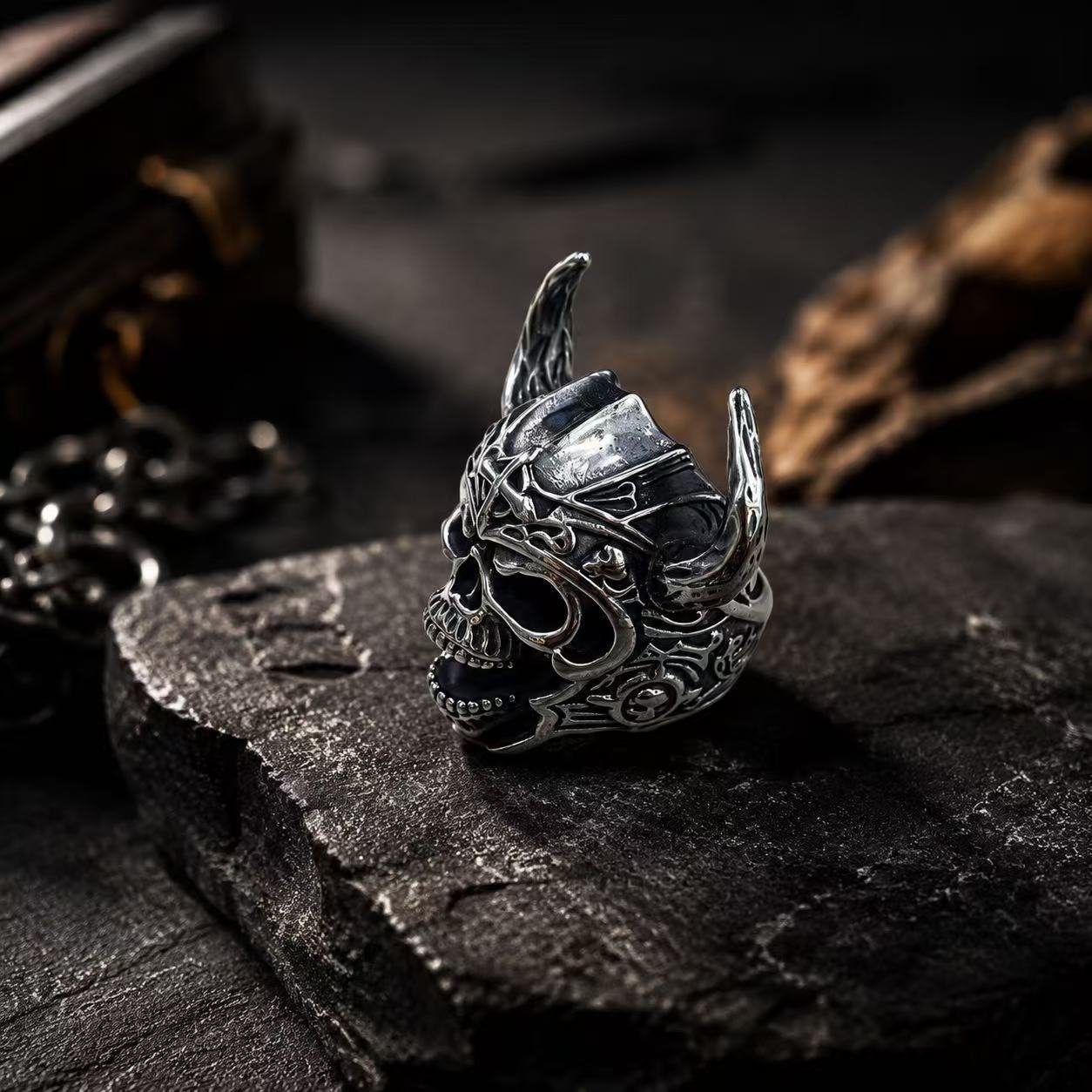 horned skull stainless steel ring wholesale dark detail product view