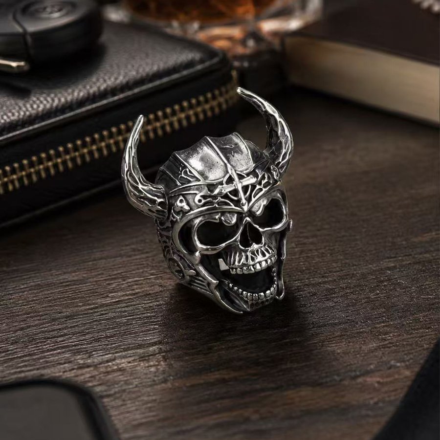 horned skull stainless steel ring wholesale desk lifestyle product view