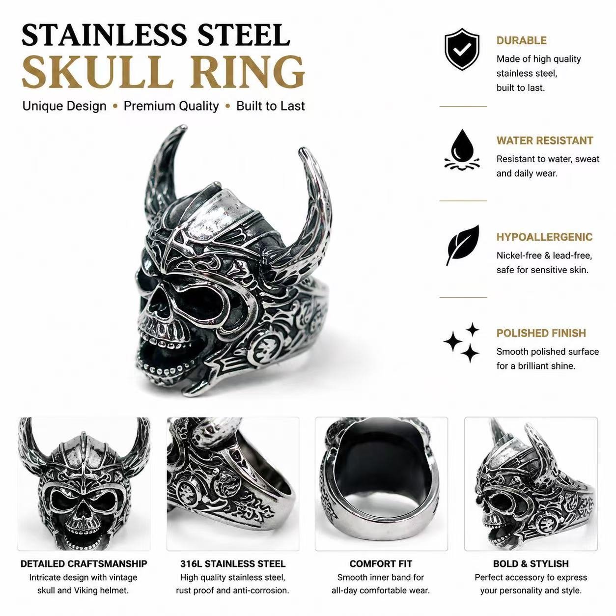 horned skull stainless steel ring wholesale feature card product image