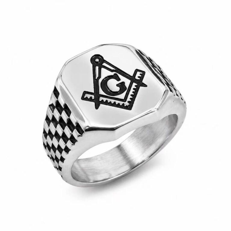 masonic checkerboard stainless steel signet ring wholesale main white background product image