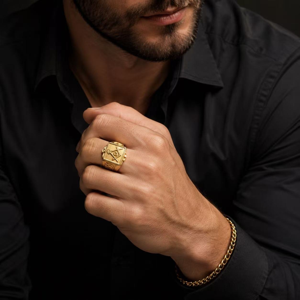 gold masonic compass stainless steel signet ring wholesale lifestyle product view