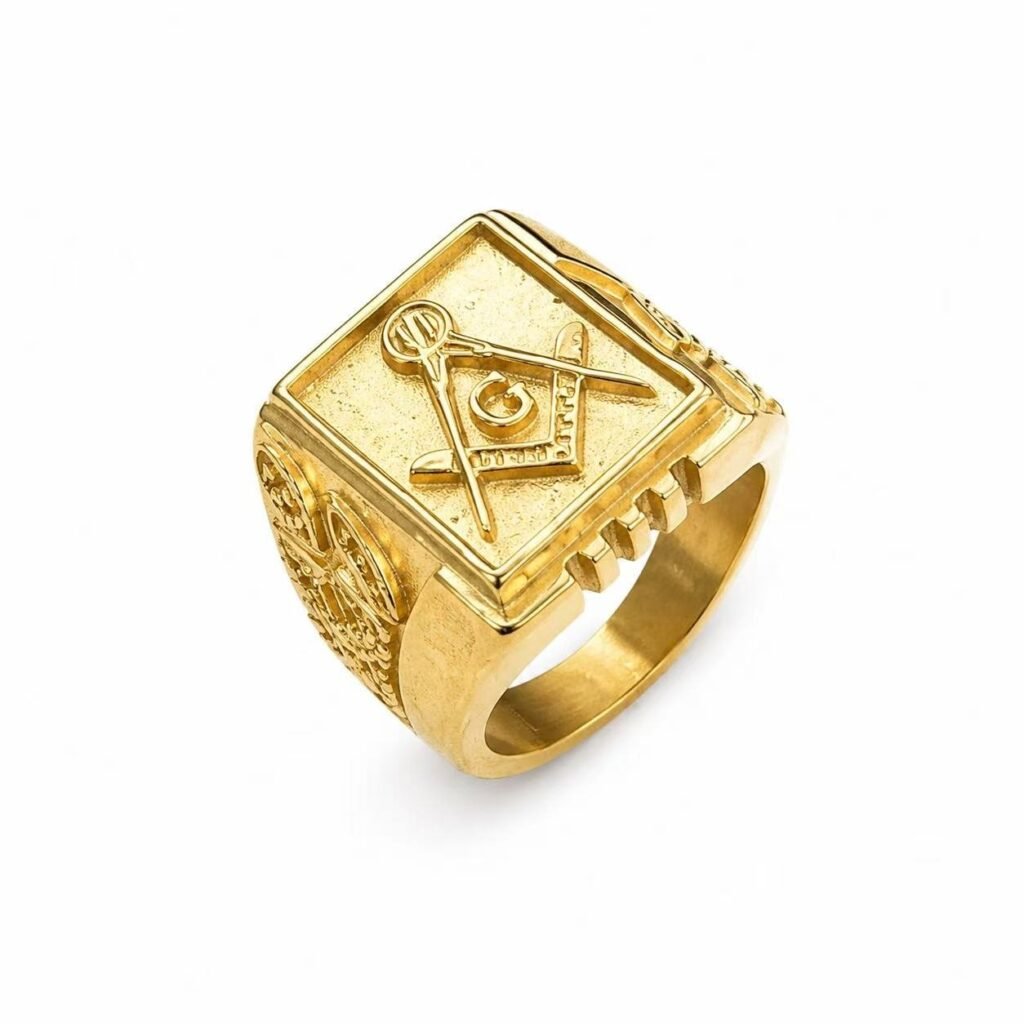 gold masonic compass stainless steel signet ring wholesale main white background product image