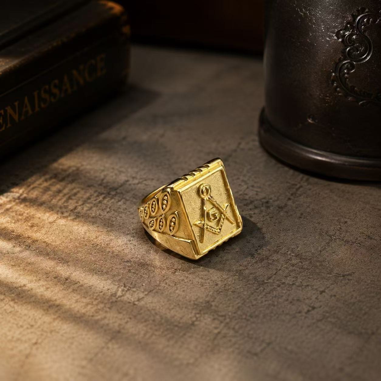 gold masonic compass stainless steel signet ring wholesale size reference product image