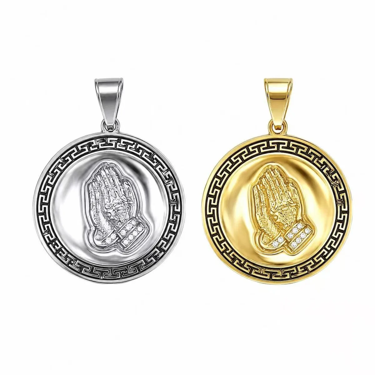 praying hands cz stainless steel pendant wholesale front detail