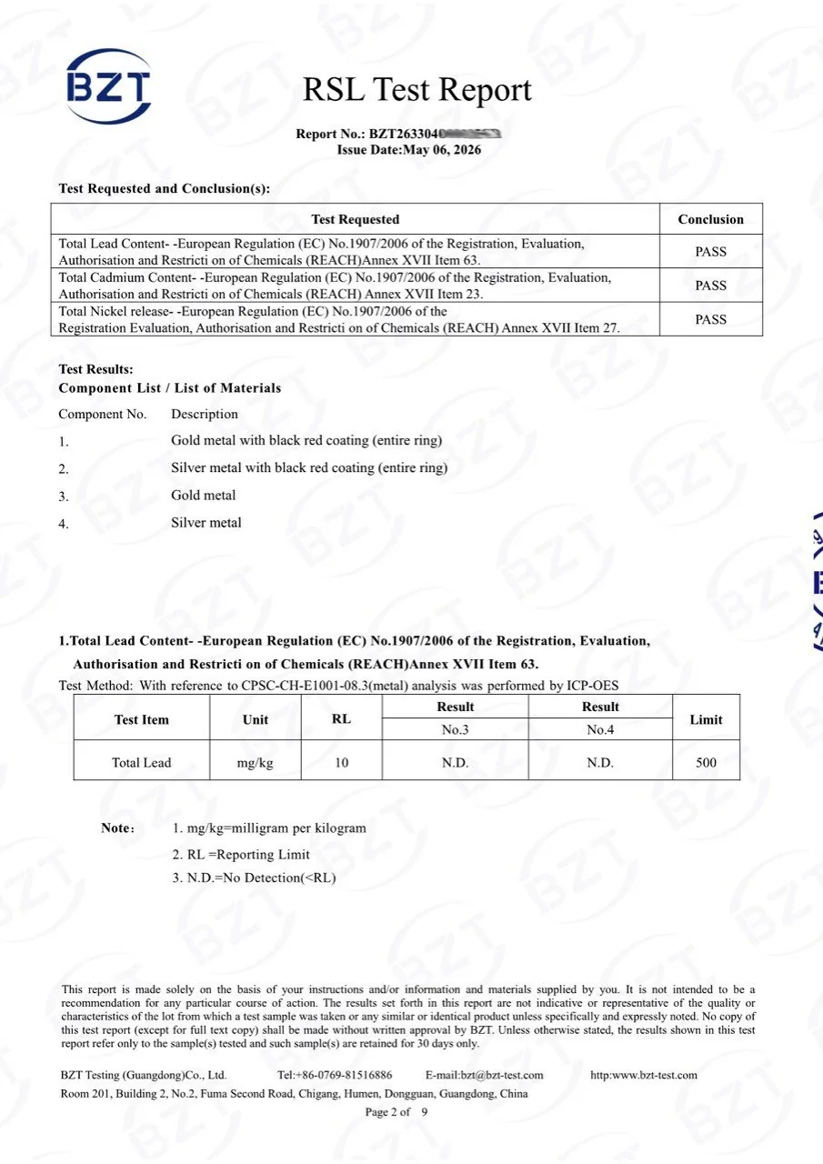 RSL test report preview for lead cadmium and nickel compliance