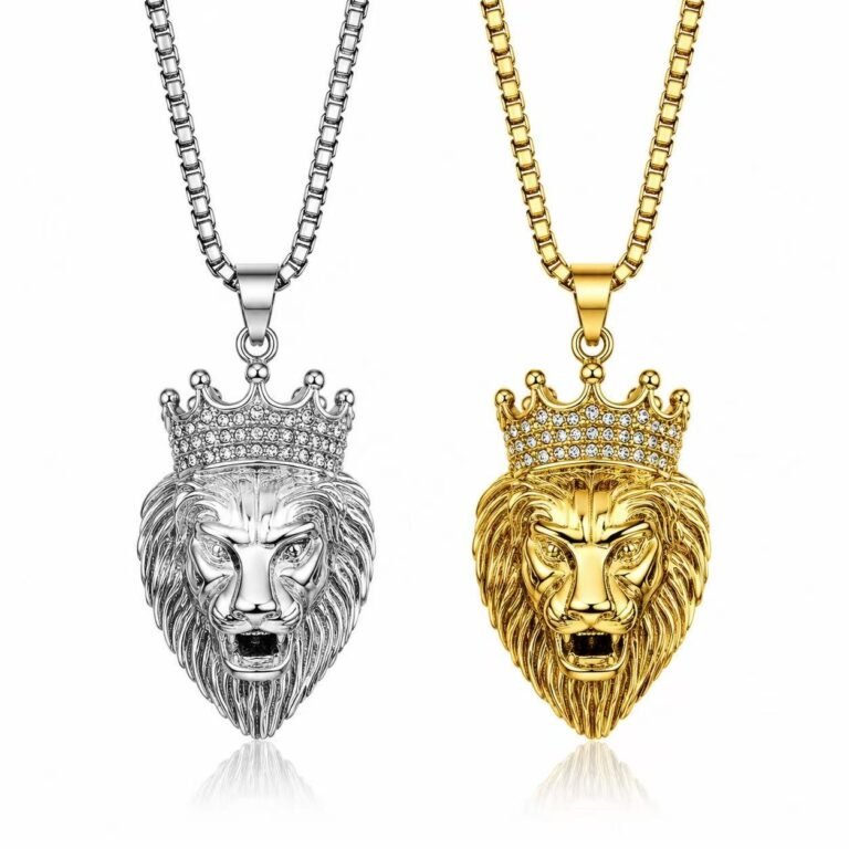 Crowned Lion Head CZ Stainless Steel Pendant Wholesale - main white background gold and silver finishes