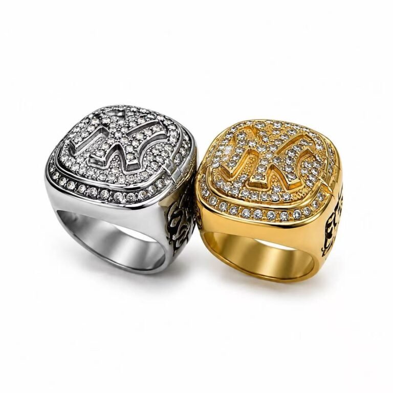 Iced Monogram CZ Stainless Steel Championship Ring Wholesale - main white background gold and silver finishes