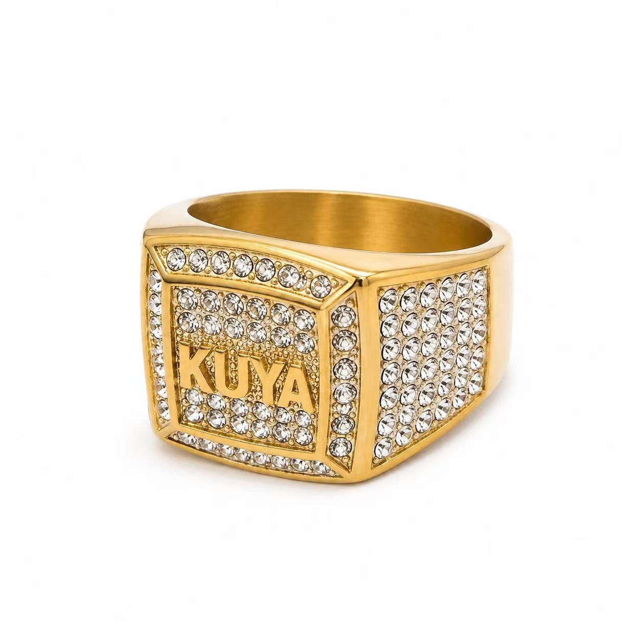 KUYA Iced CZ Stainless Steel Signet Ring Wholesale - front detail