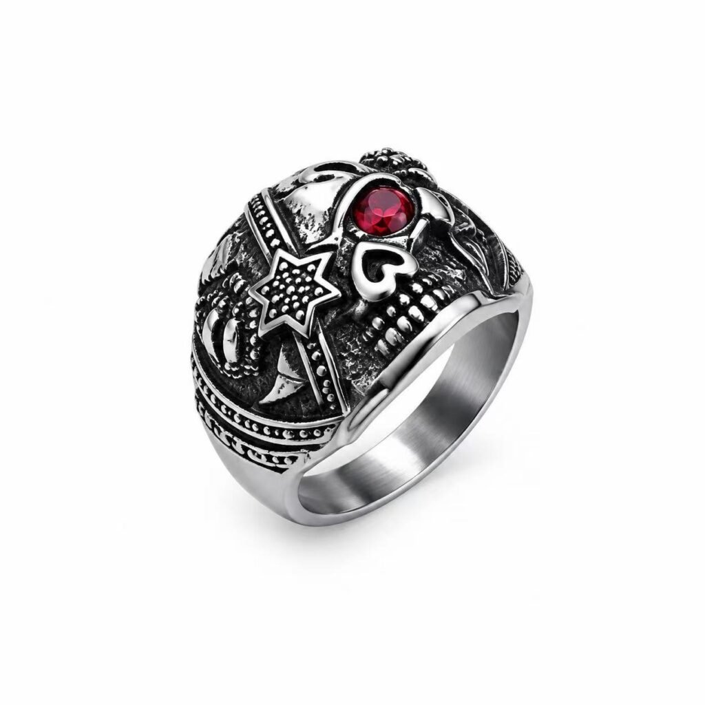 Masonic Skull Red Stone Stainless Steel Ring Wholesale - main white background