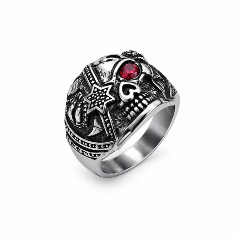 Masonic Skull Red Stone Stainless Steel Ring Wholesale - main white background