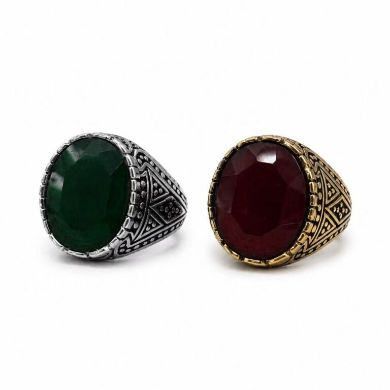 Oval Faceted Glass Stone Stainless Steel Signet Ring Wholesale - main white background red and green stones