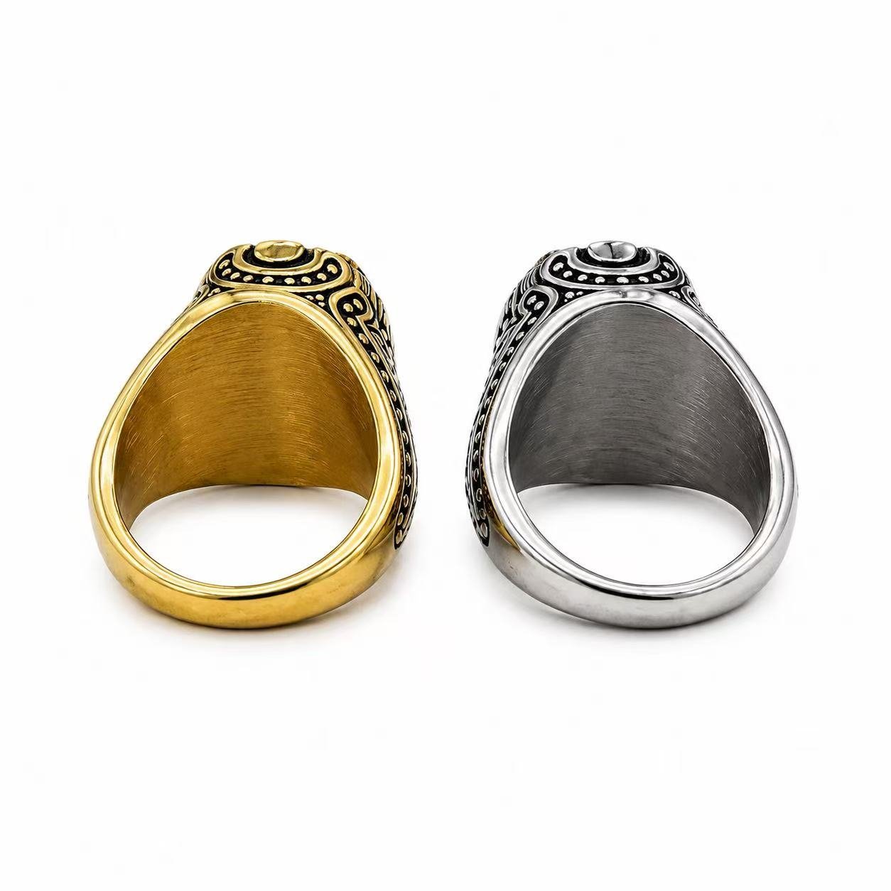 Oval Faceted Glass Stone Stainless Steel Signet Ring Wholesale - rear construction two finishes