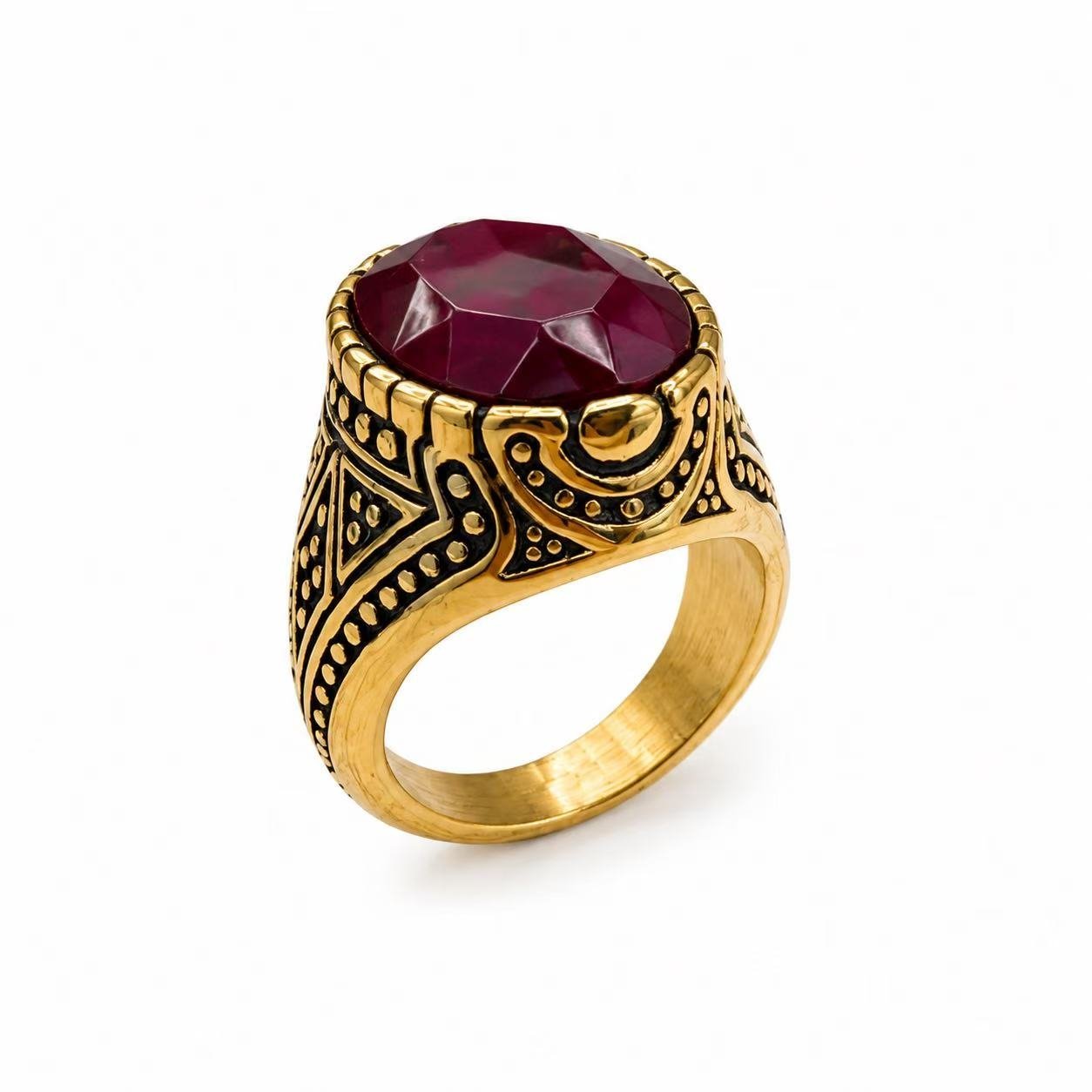 Oval Faceted Glass Stone Stainless Steel Signet Ring Wholesale - red stone gold finish