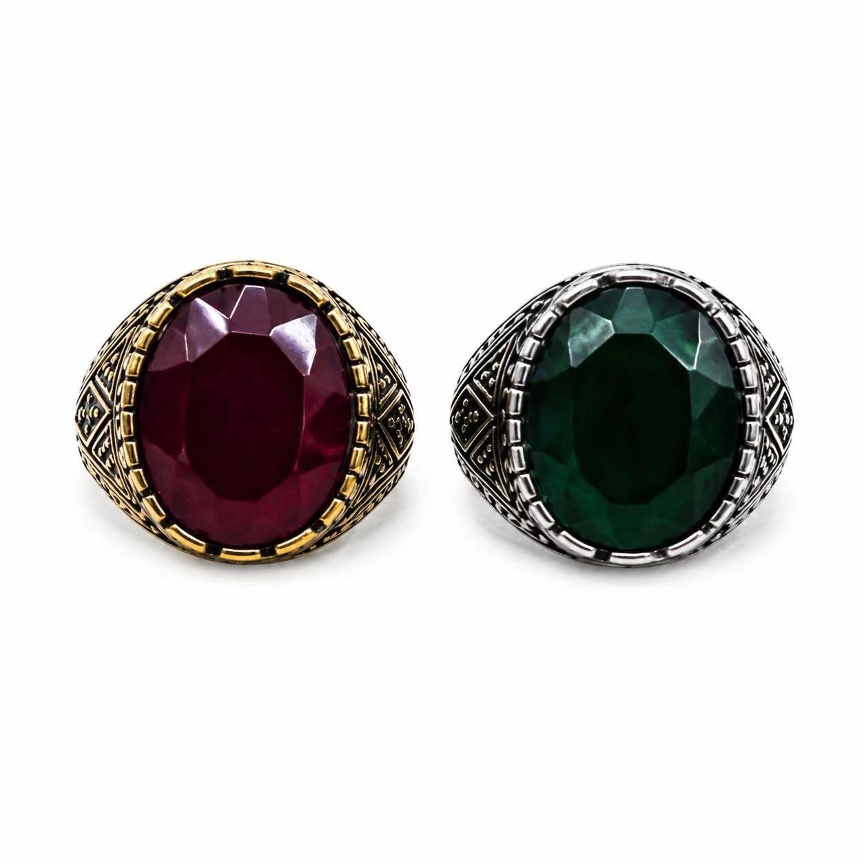 Oval Faceted Glass Stone Stainless Steel Signet Ring Wholesale - front stone comparison