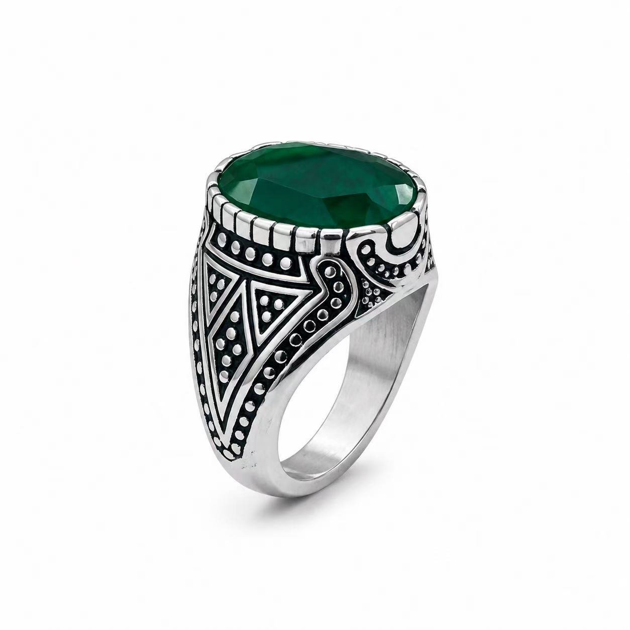 Oval Faceted Glass Stone Stainless Steel Signet Ring Wholesale - green stone silver finish
