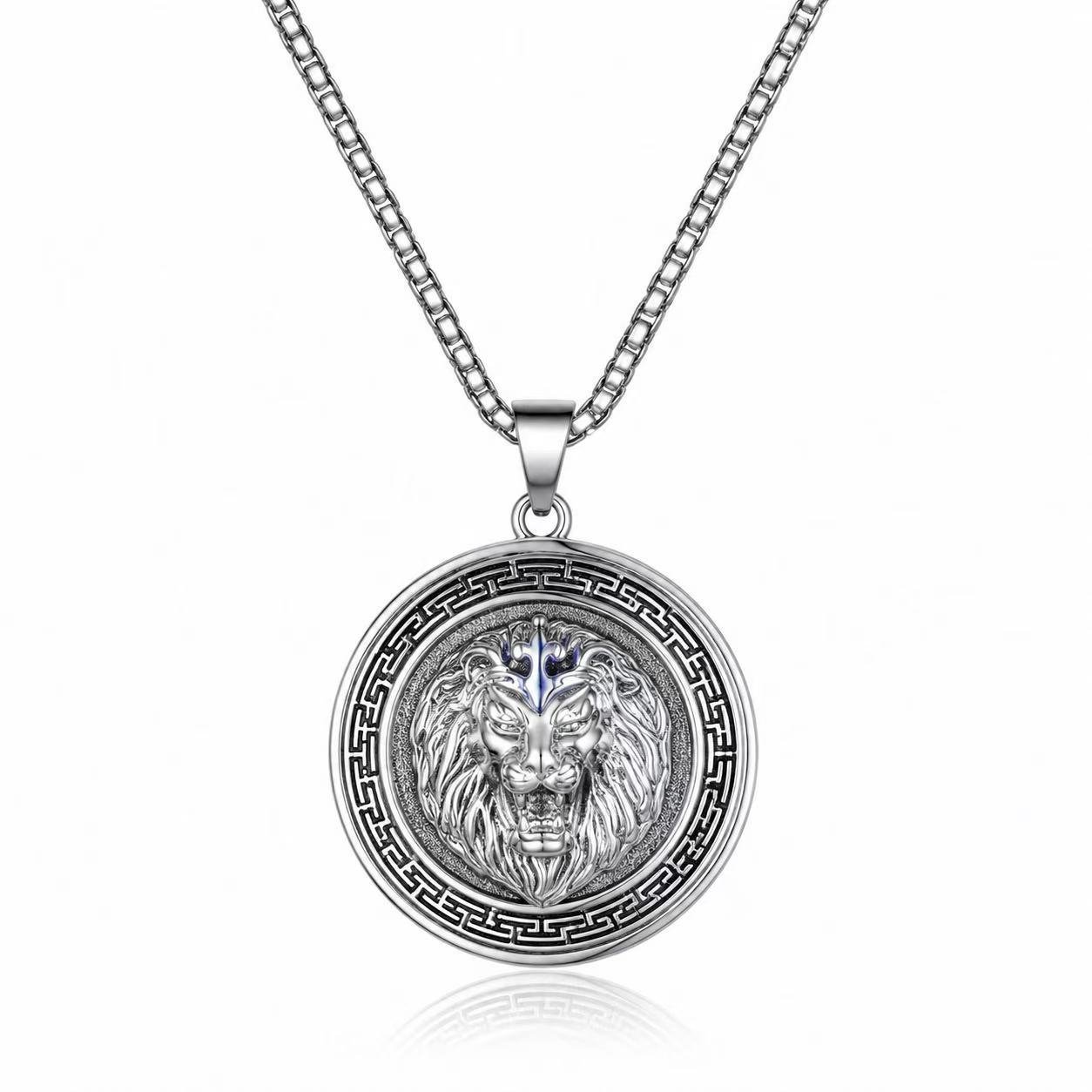 Round Lion Head Greek Key Stainless Steel Pendant Wholesale - main white background