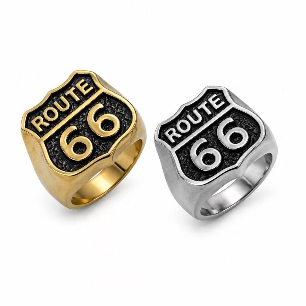Route 66 Shield Stainless Steel Biker Ring Wholesale - main white background gold and silver finishes