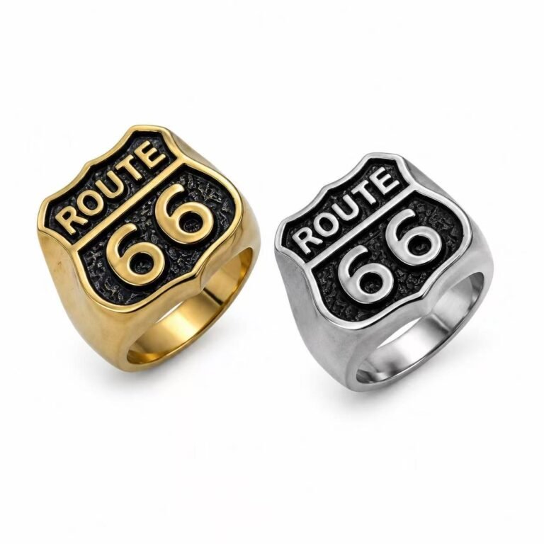 Route 66 Shield Stainless Steel Biker Ring Wholesale - main white background gold and silver finishes
