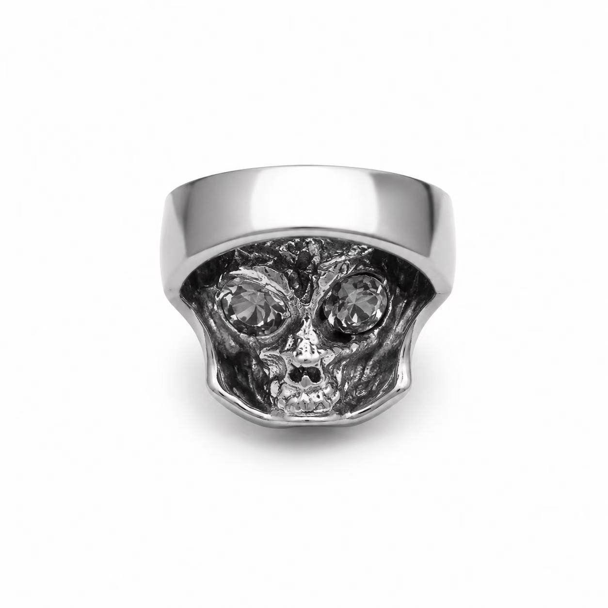 Smoking Skull Two-Tone Stainless Steel Biker Ring Wholesale - front profile