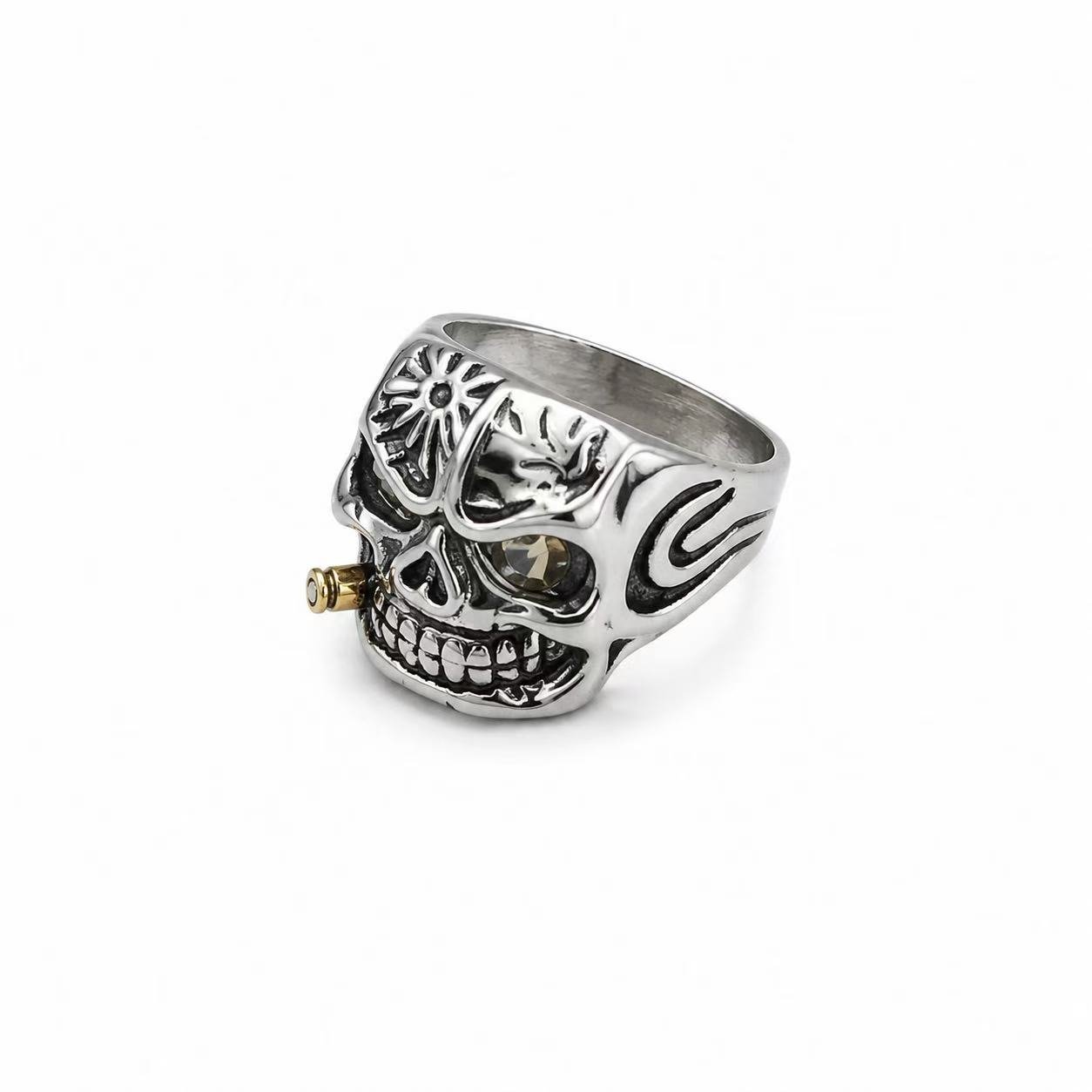 Smoking Skull Two-Tone Stainless Steel Biker Ring Wholesale - right side profile