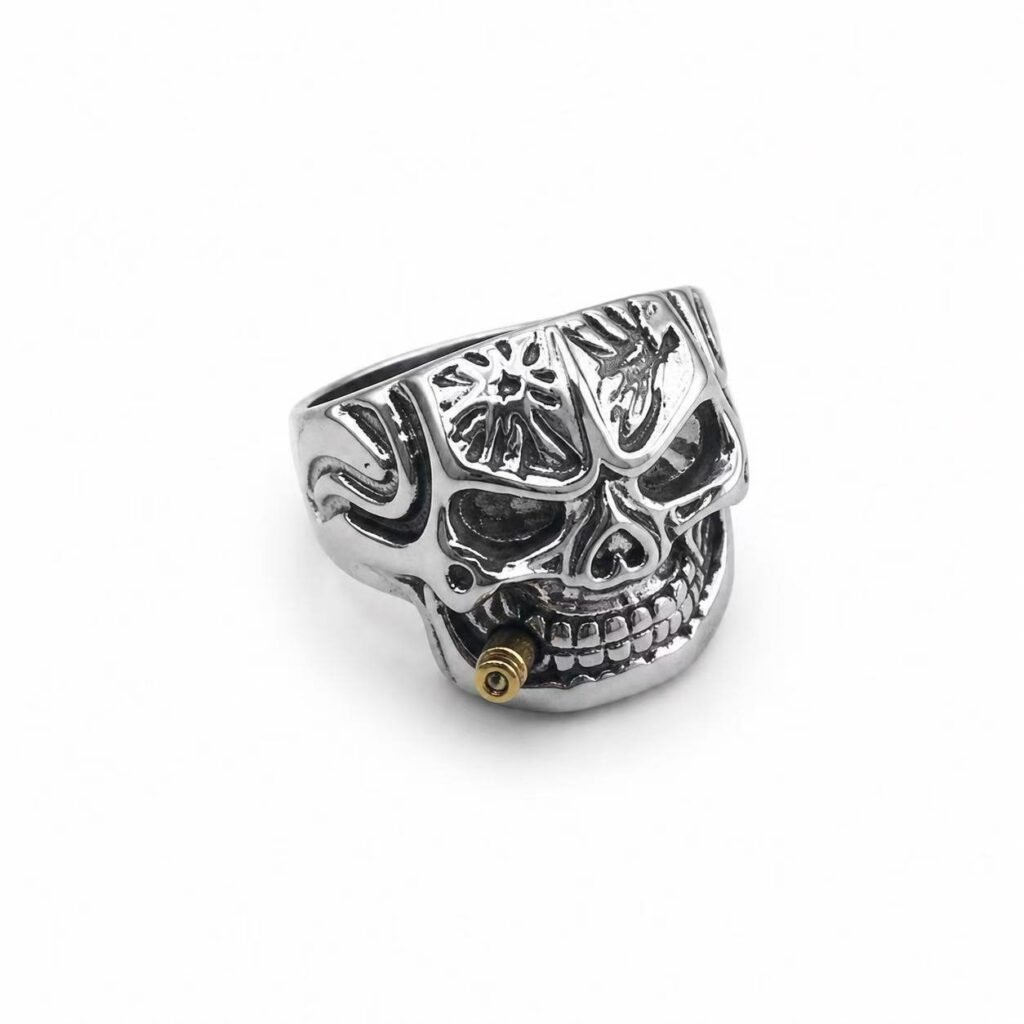 Smoking Skull Two-Tone Stainless Steel Biker Ring Wholesale