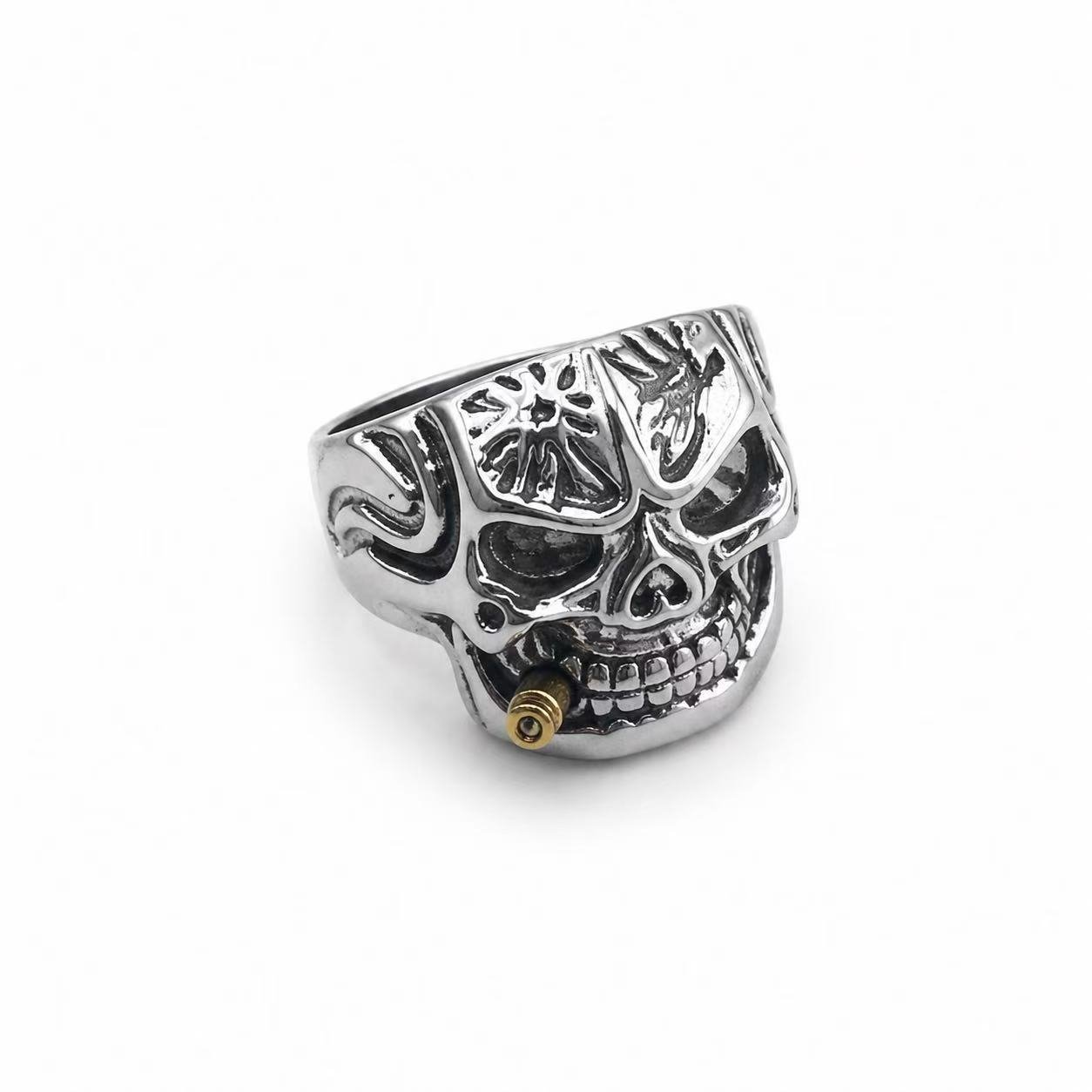 Smoking Skull Two-Tone Stainless Steel Biker Ring Wholesale - angled front profile