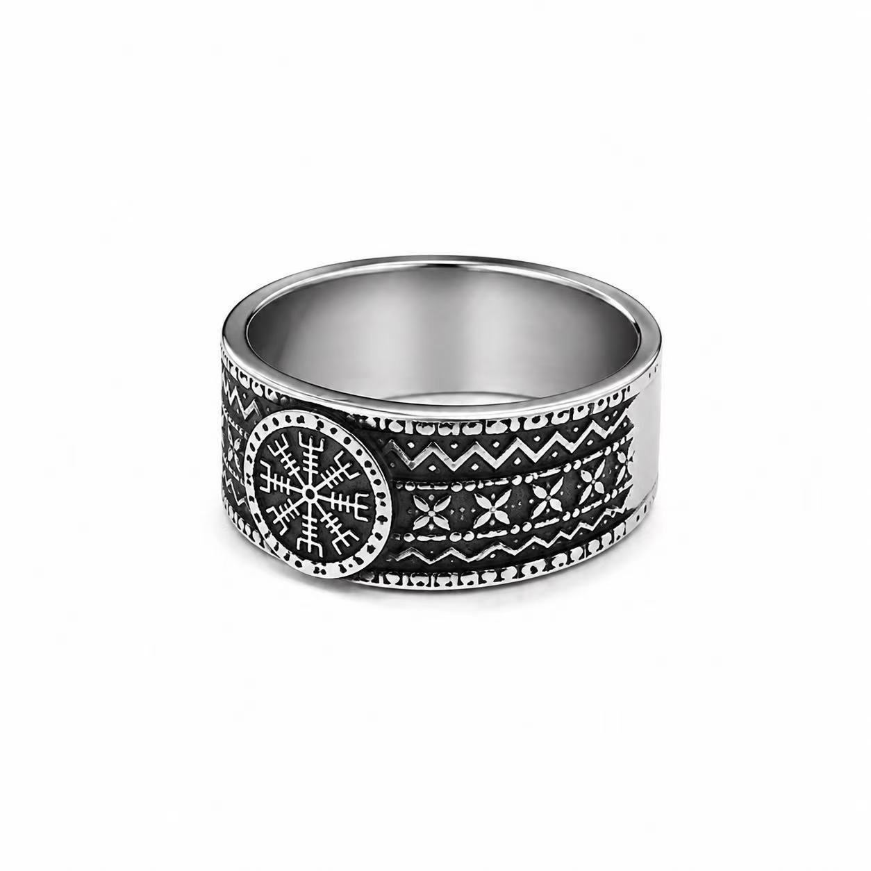 Vegvisir Viking Compass Stainless Steel Band Ring Wholesale - straight front profile
