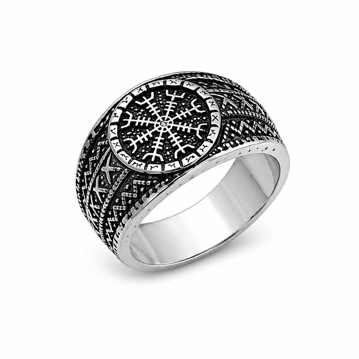 Vegvisir Viking Compass Stainless Steel Band Ring Wholesale - front angled profile