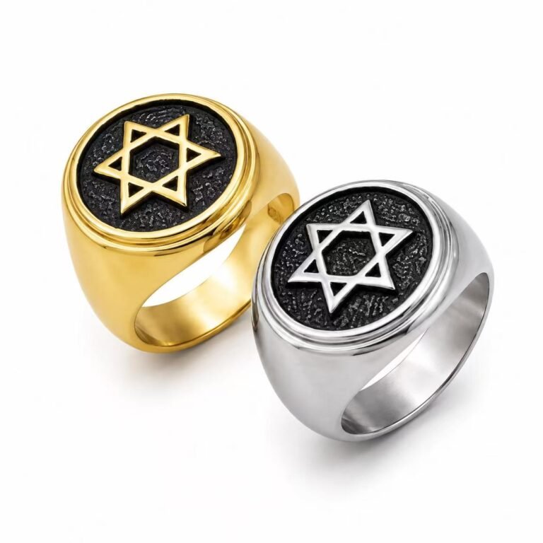 Star of David Stainless Steel Religious Ring Wholesale - main white background gold and silver finishes