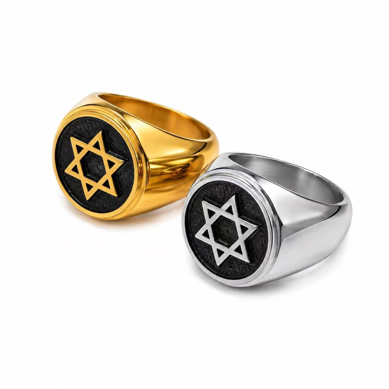 Star of David Stainless Steel Religious Ring Wholesale - front detail two finishes