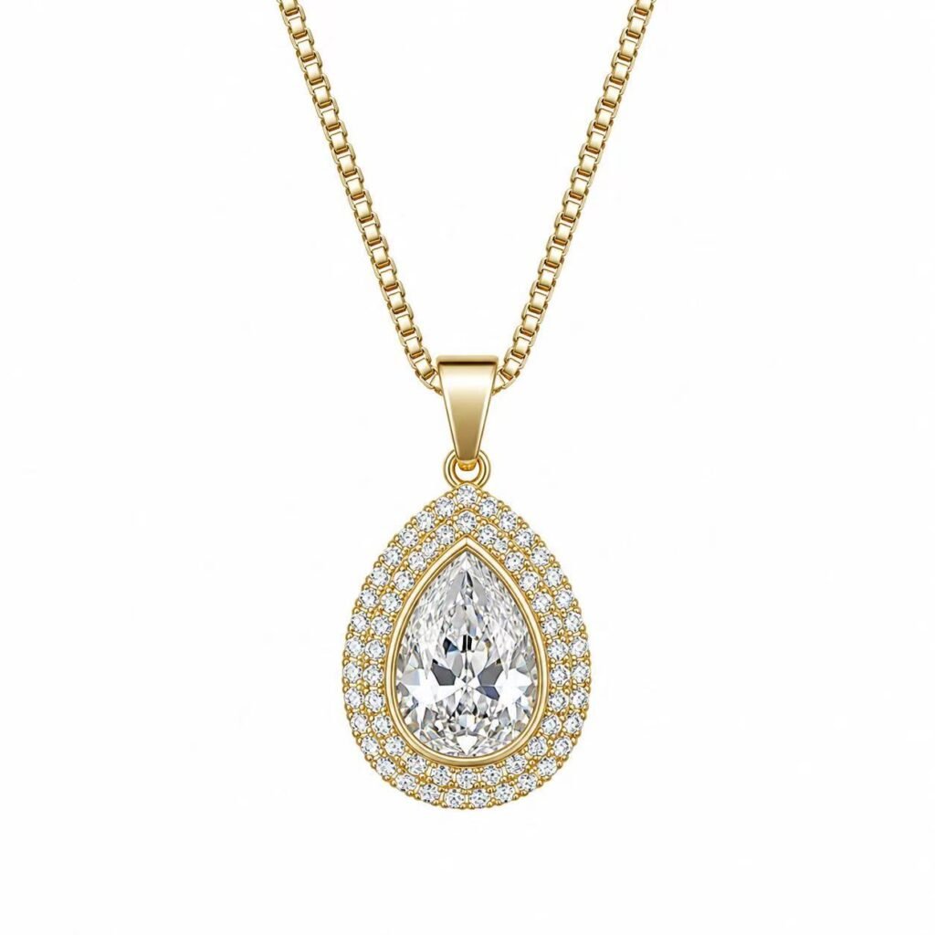 Teardrop CZ Glass Stone Stainless Steel Pendant Wholesale - main white background with display chain