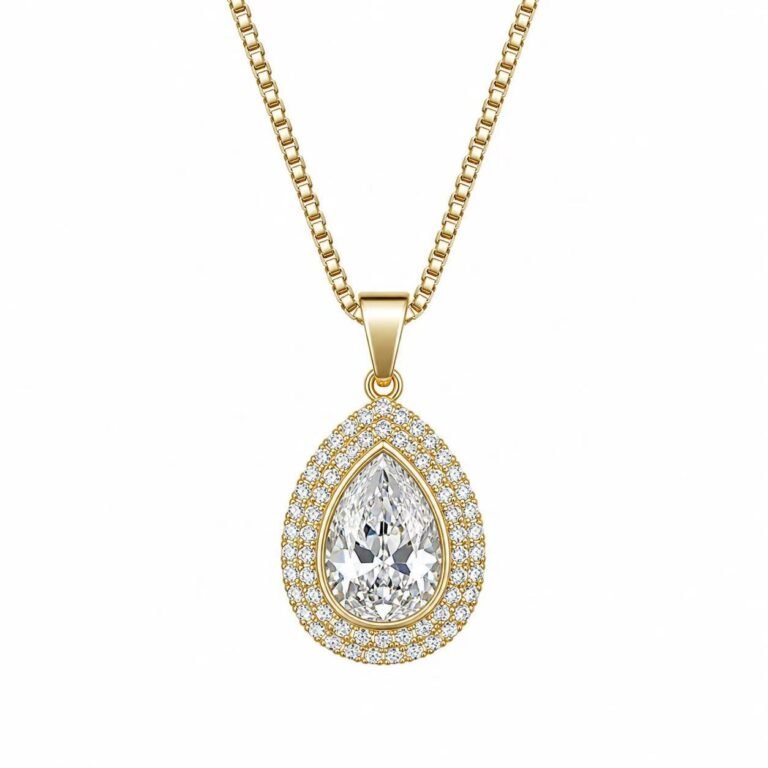 Teardrop CZ Glass Stone Stainless Steel Pendant Wholesale - main white background with display chain
