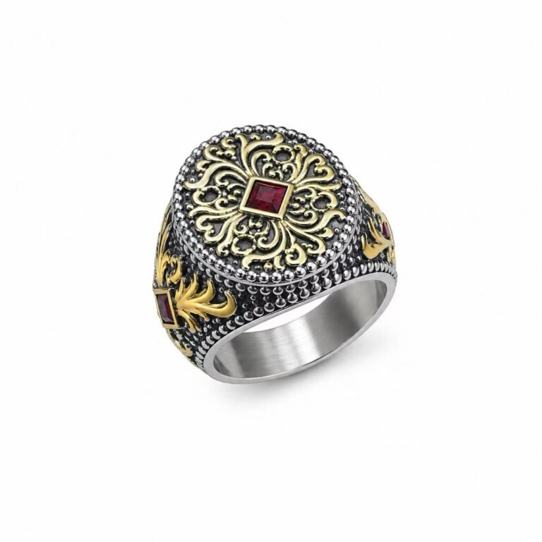 Ornate Red Stone 316 Stainless Steel Statement Ring Wholesale - main white background