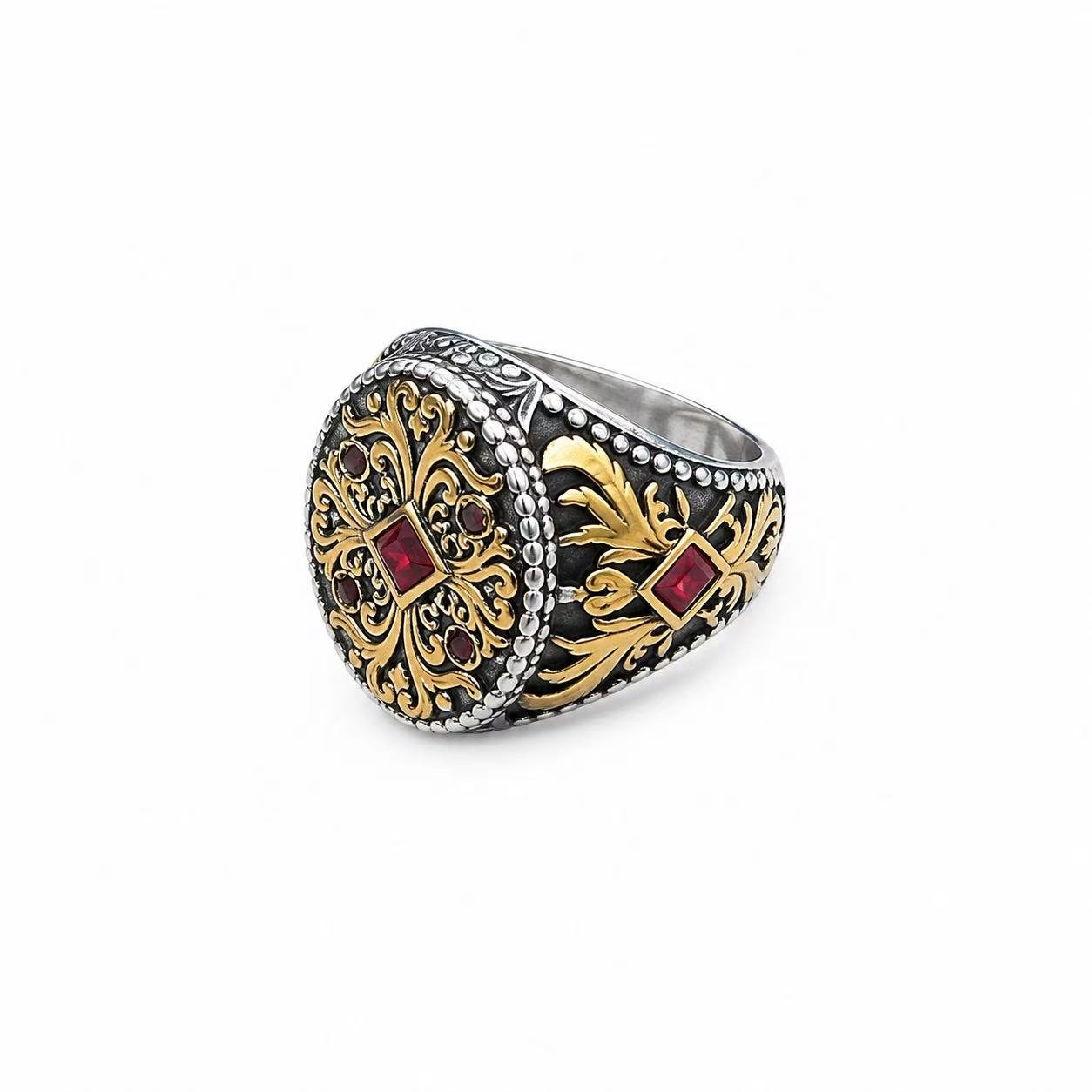 Ornate Red Stone 316 Stainless Steel Statement Ring Wholesale - side profile