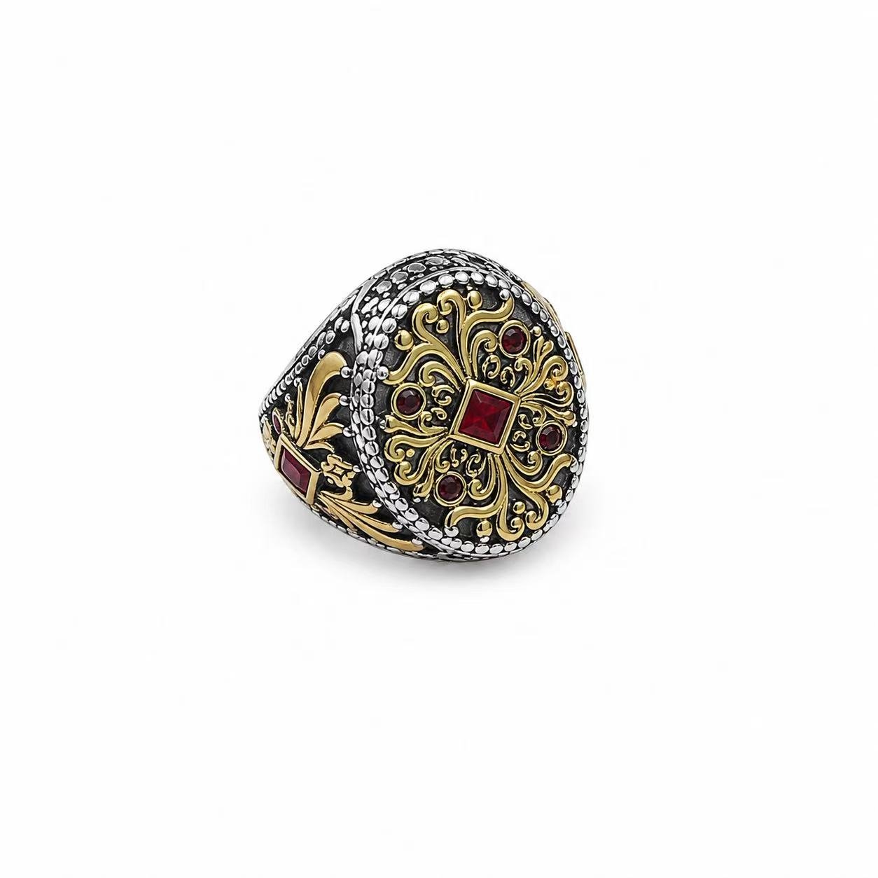 Ornate Red Stone 316 Stainless Steel Statement Ring Wholesale - angled front detail