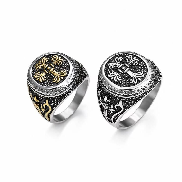 Ornate Cross 316 Stainless Steel Religious Ring Wholesale - main white background two finishes
