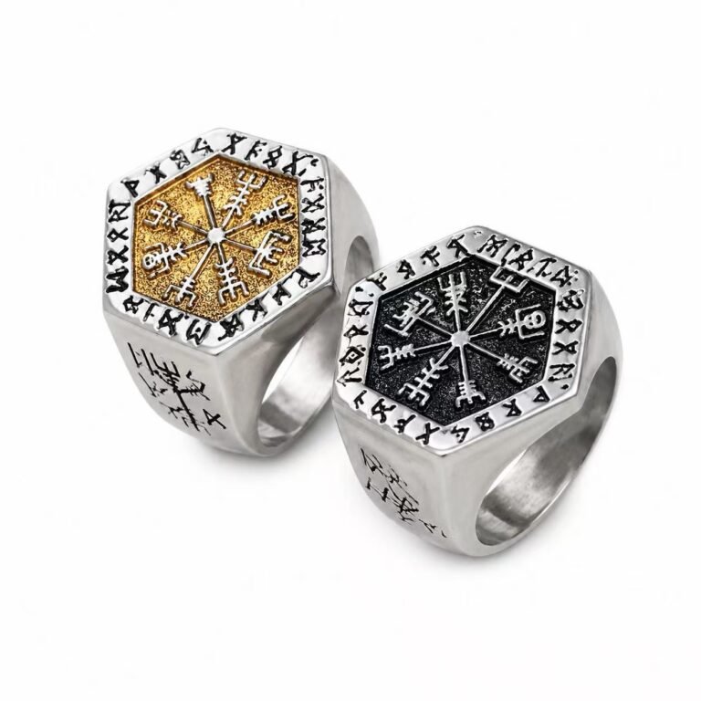 Vegvisir Rune Stainless Steel Signet Ring Wholesale - silver and two-tone rings on white background