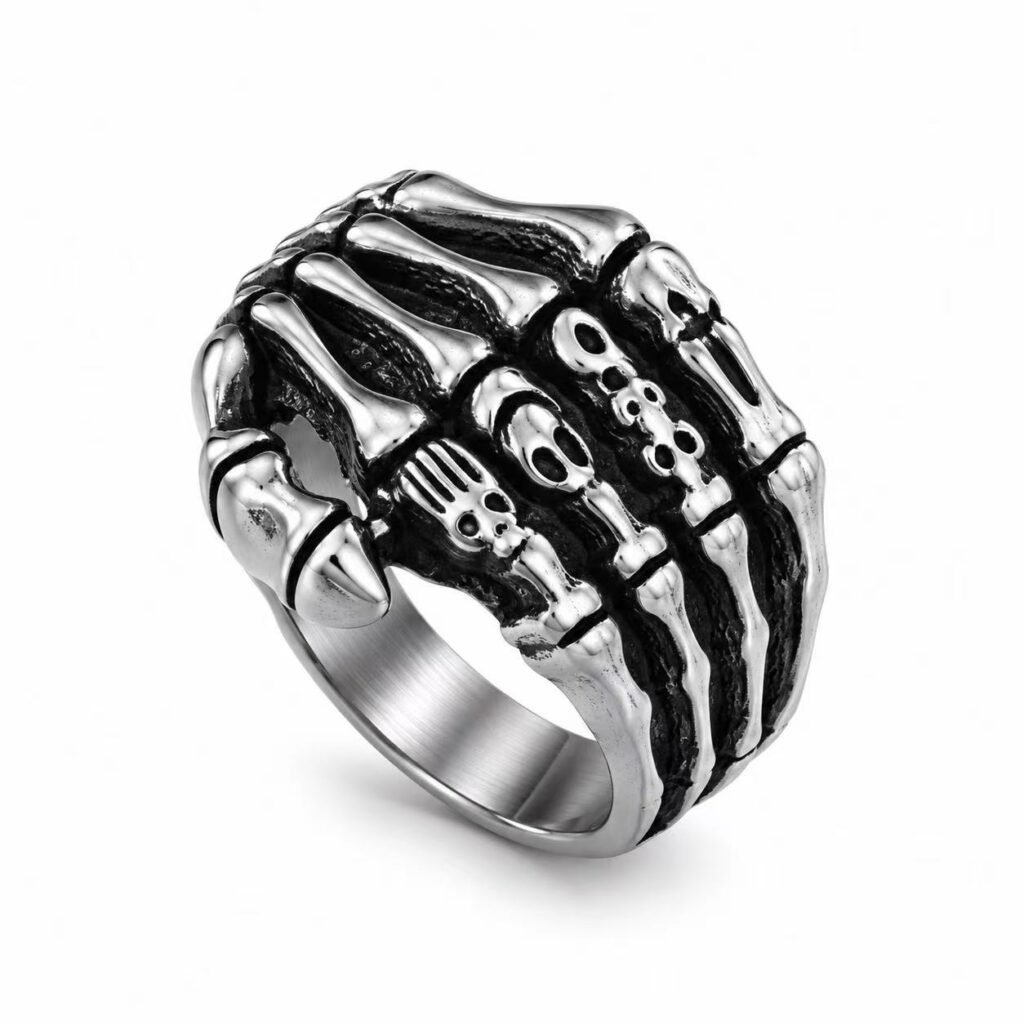 Skeleton Hand Skull Stainless Steel Ring Wholesale - front white background view