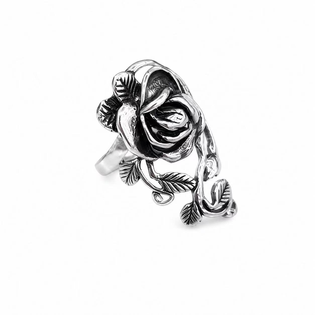 Rose Flower Stainless Steel Statement Ring Wholesale - left side leaf and stem detail